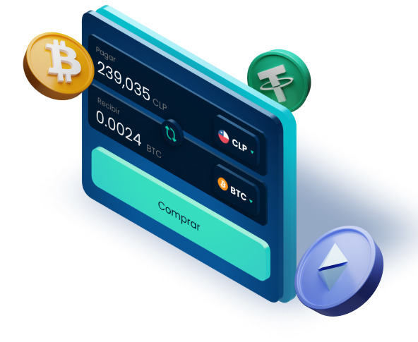 Example of a cryptocurrency convert in Skipo, showing the exchange from Chilean pesos to Bitcoin, with Bitcoin, Tether, and Ethereum coins around.
