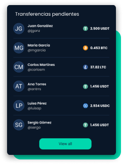 Ejemplo de una billetera Skipo mostrando transferencias pendientes a otros usuarios