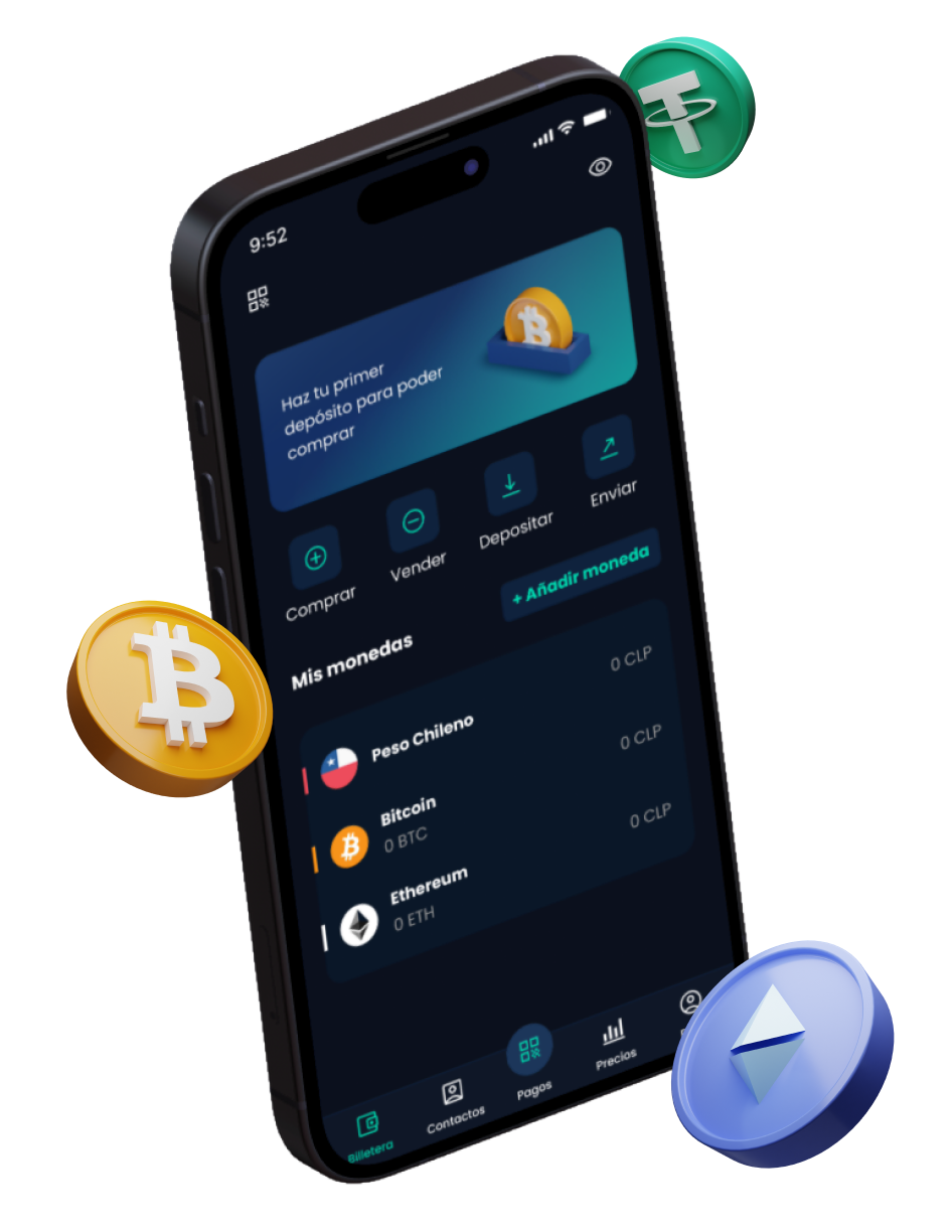 Vista de billetera en la app de Skipo con saldo en CLP, Bitcoin y Ethereum, y accesos para comprar, vender, depositar y enviar