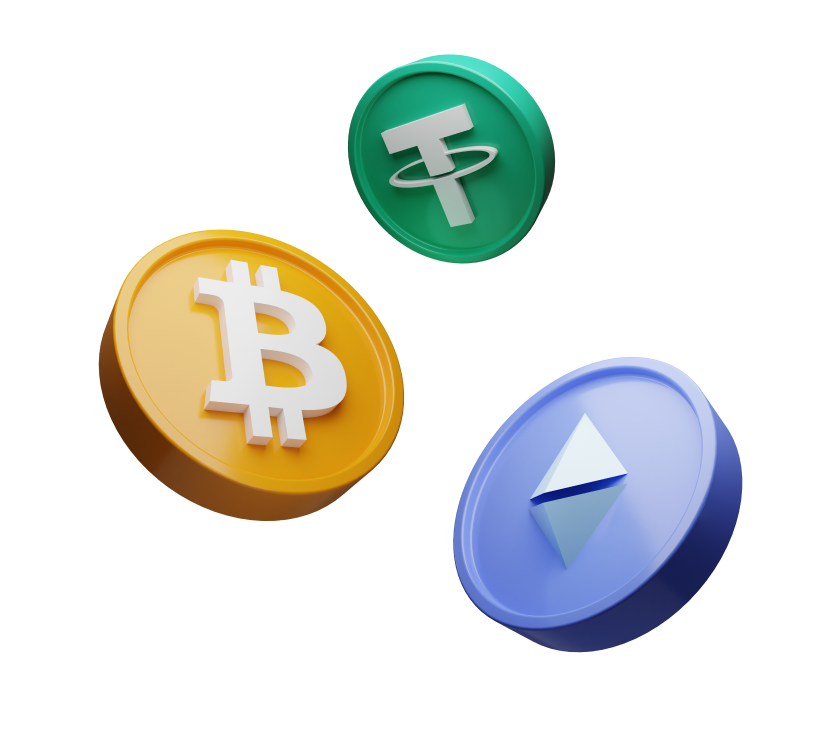 Ilustración 3D de monedas de Bitcoin, Ethereum y Tether