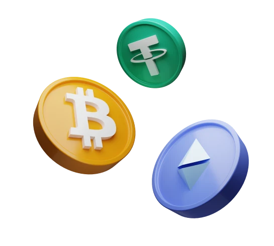 Ilustración 3D de monedas de Bitcoin, Ethereum y Tether